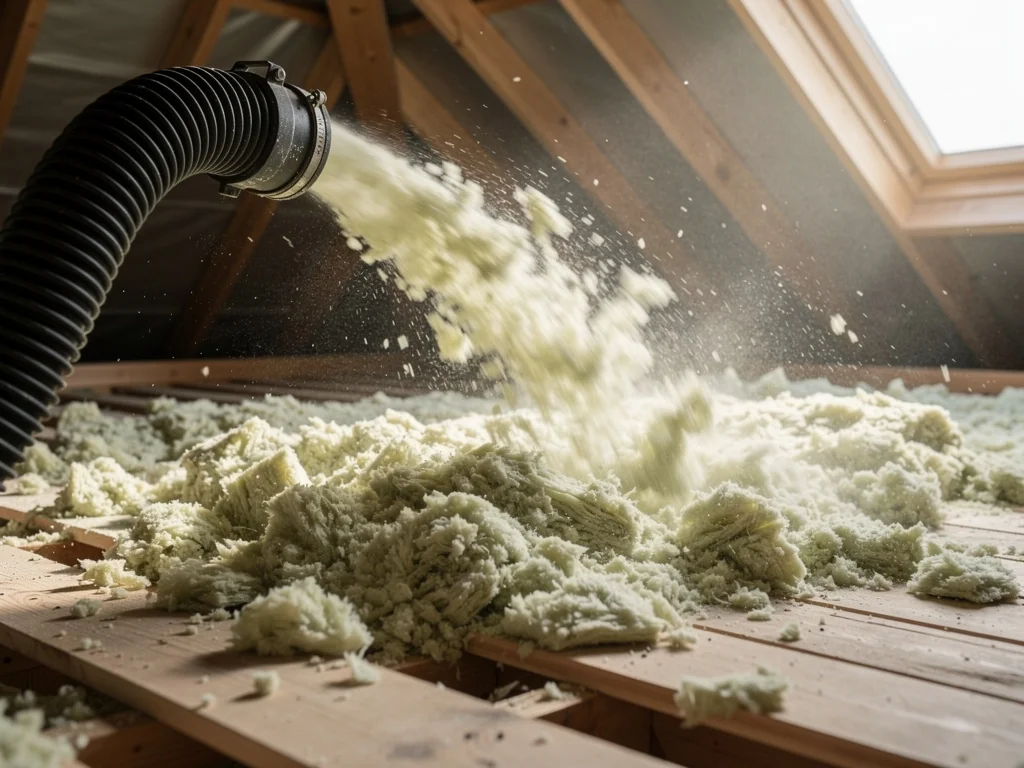 Soufflage de laine minérale en flocons sur le plancher de combles perdus