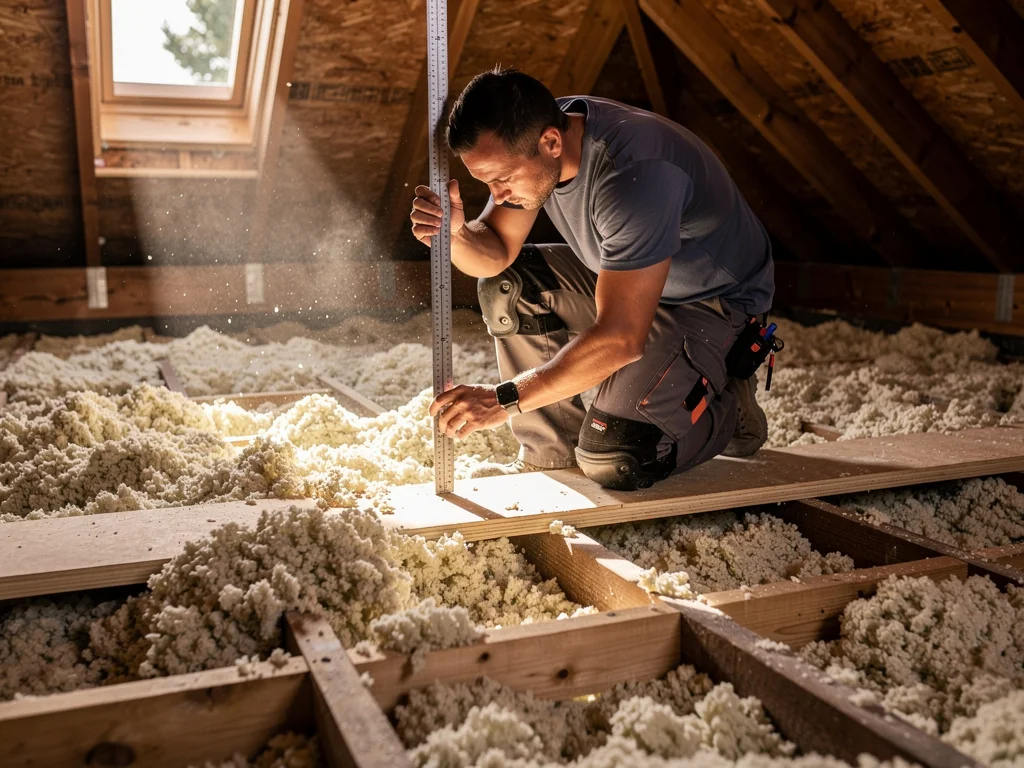 Artisan RGE contrôlant l'épaisseur d'isolant à la règle graduée après soufflage